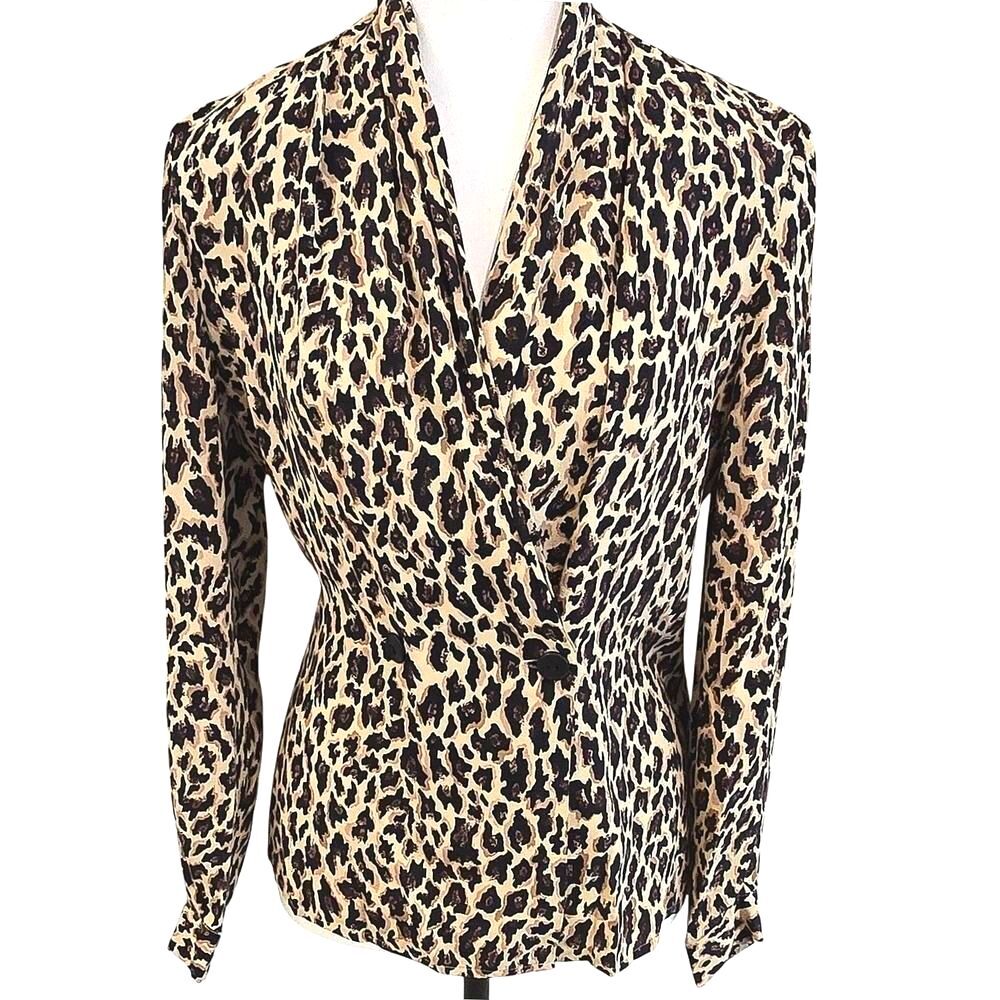 Vintage 90s Norton McNaughton Petite 6P Leopard‎ Print Rayon Blazer Blouse Top